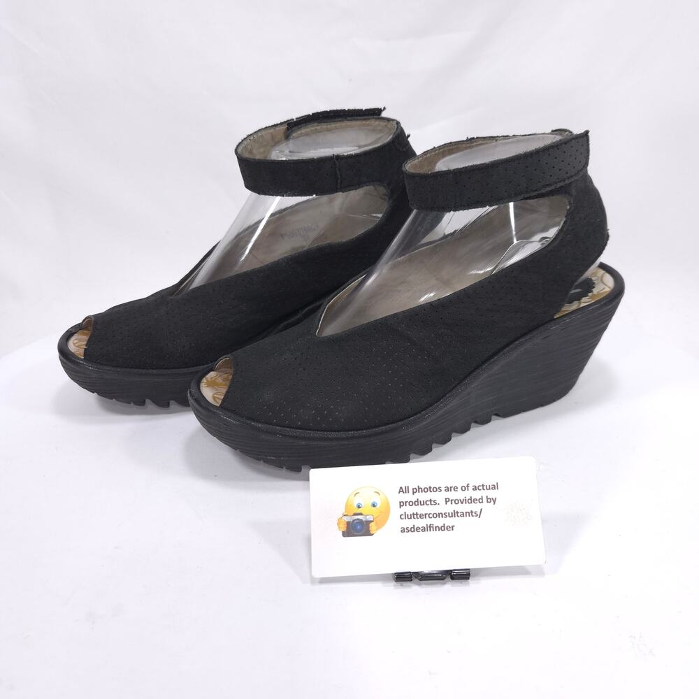 Fly London Casual Suede Wedge Sandal Womens Size 7.5 38 P500376028 Black